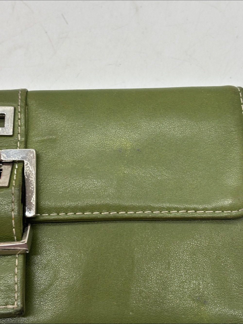 Perlina Olive Green Leather Clutch with Silver Buckle - Picture 5 of 9